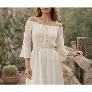 Naïf Anthropologie White Off Shoulder Mini Dress S-M Boho Bell Sleeve Festival